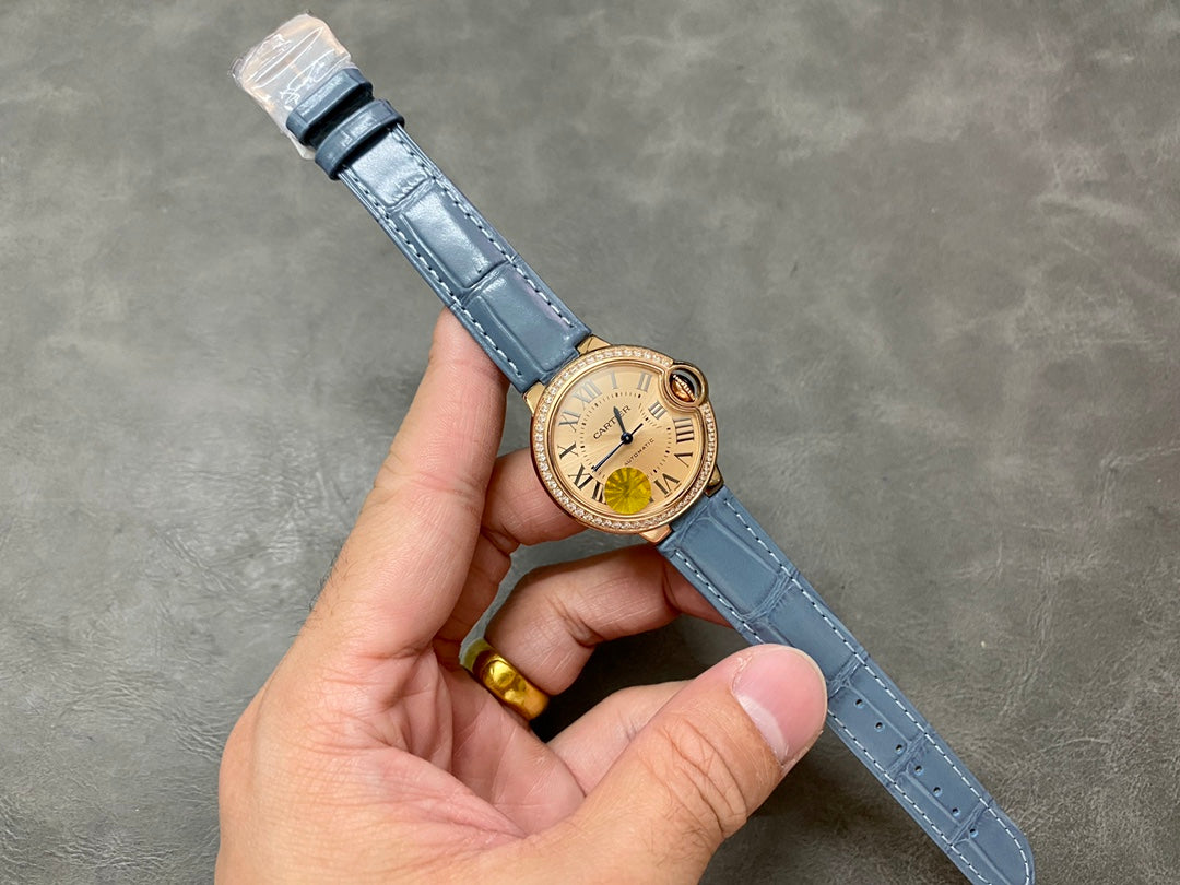 CARTIER BALLON DE CARTIER 까르띠에 발 드 까르띠에 33mm 오토 무브먼츠 골드 다이얼 다이아 베젤