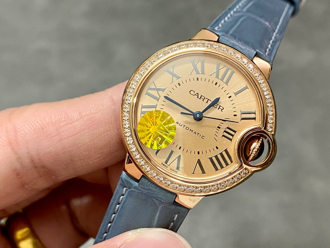 CARTIER BALLON DE CARTIER 까르띠에 발 드 까르띠에 33mm 오토 무브먼츠 골드 다이얼 다이아 베젤